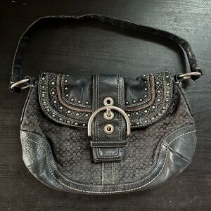 Coach Soho Studded Flap Shoulder Bag • Black Signature Y2K Boho Hobo